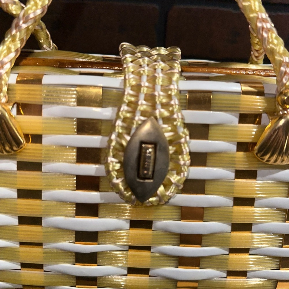 Vintage 50s 60s woven gold straw raffia hard body handbag - Picture 6 of 7